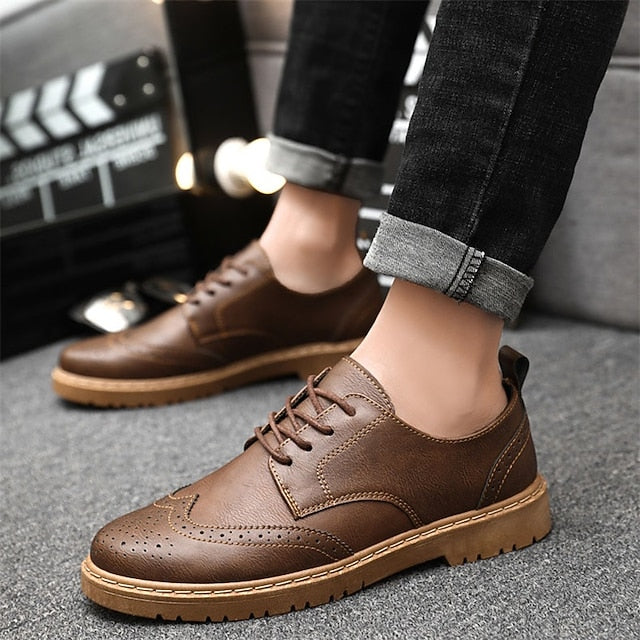 Oxford Shoes Faux – Brogue Black Men's Leather Classic