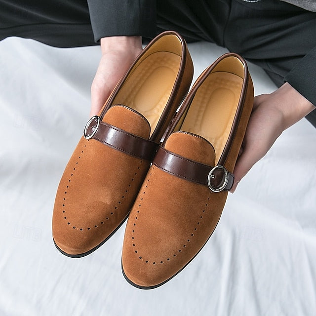 Men's Suede Brown Slip-On with Buckle Faux Strap Loafers