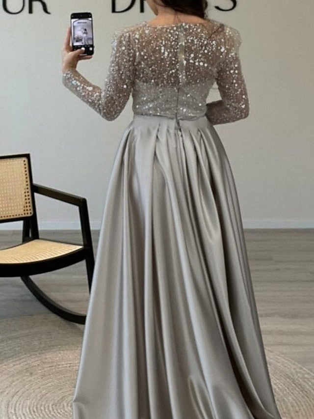 Evening Long Dress Gown Mermaid RuchedSatin Sleeves Sequin