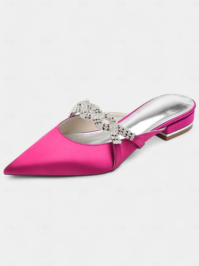 with Pointed-Toe Blue Detailing Mule Rhinestone - Satin Heels