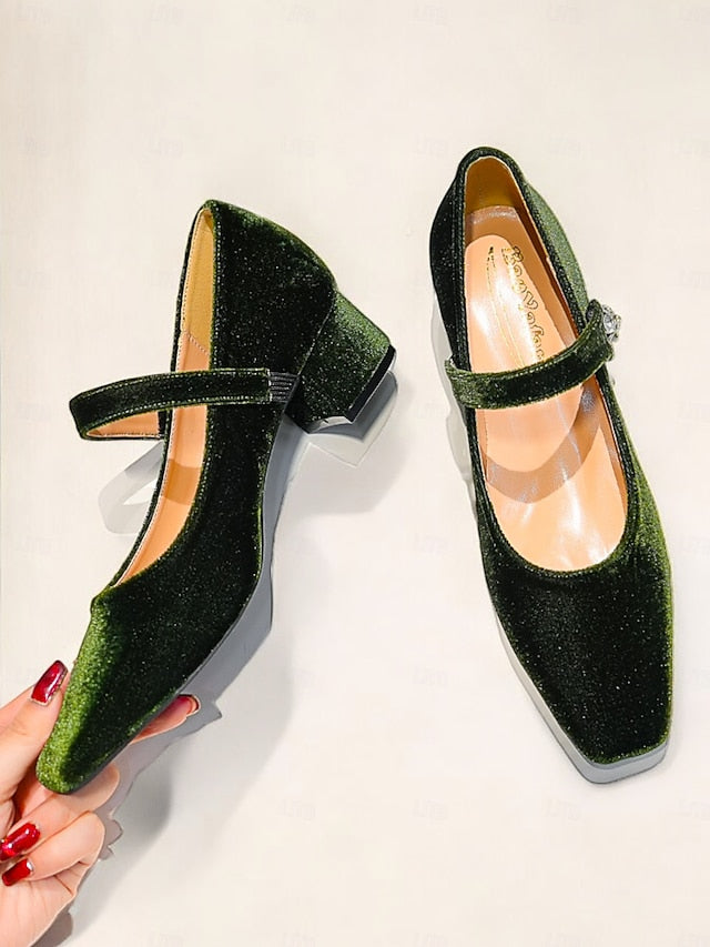 - Velvet Toe Square Green Jane Mary Pumps Block Women's