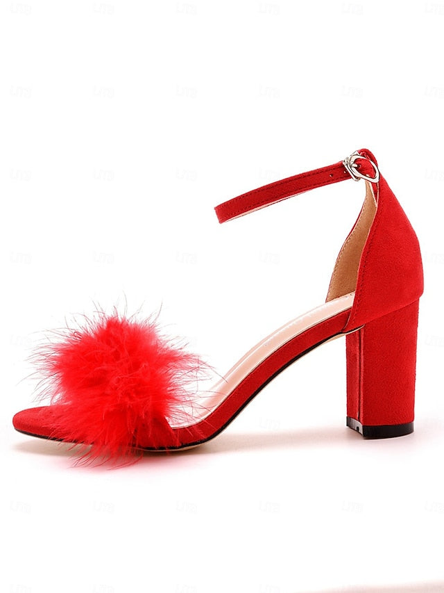 Feather-Embellished – Wedding Heel Block Sandals Women for