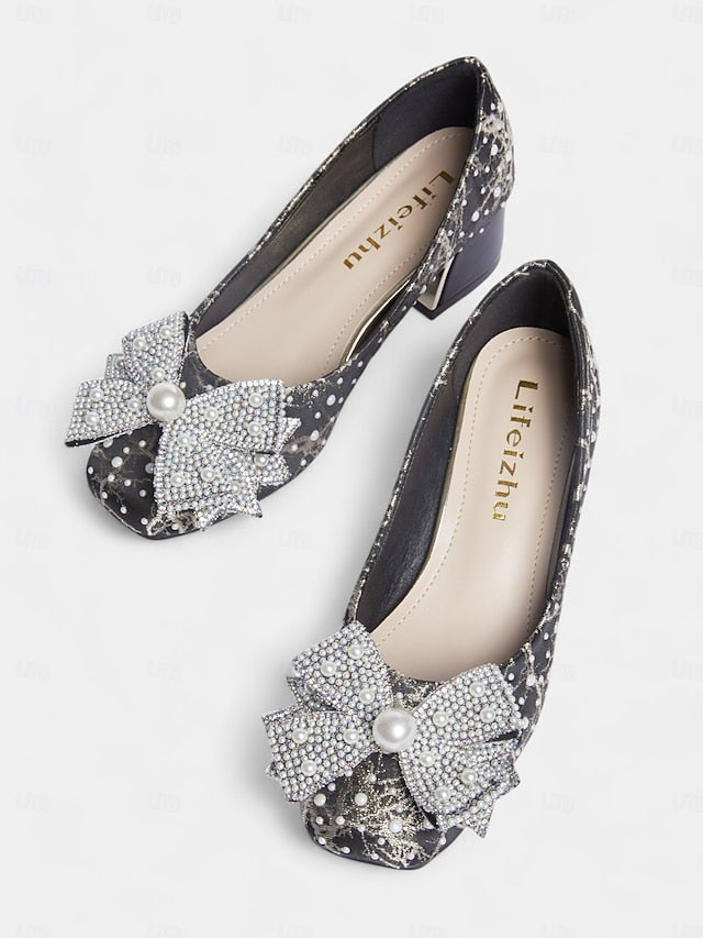 and Detail Gold Pumps with Black Bow Pearl-Embellished –