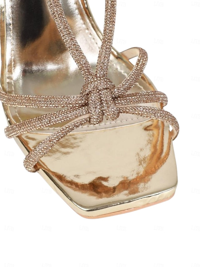 with Toe Women's Square Rhinestone Strappy Heels Stiletto