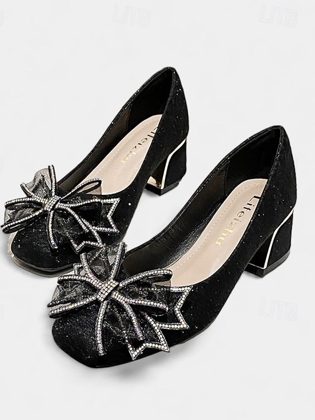 with Heel Pumps Bow - Gold Block Decoration Women's Glitter