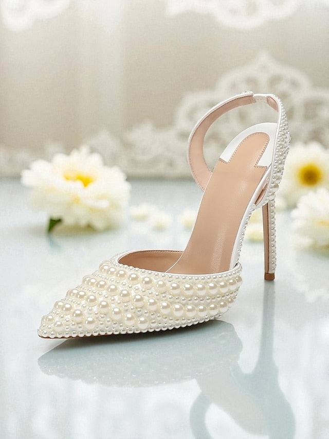 Pearl-Embellished Women's Leather Heels White - Slingback