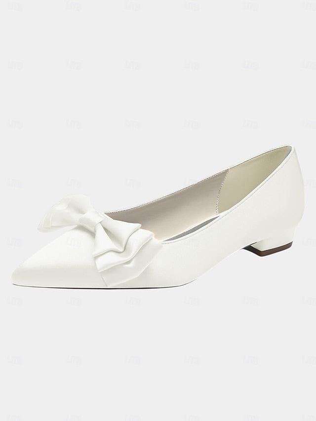Satin Toe Pointed Green Bow Elegant - Women's Flats