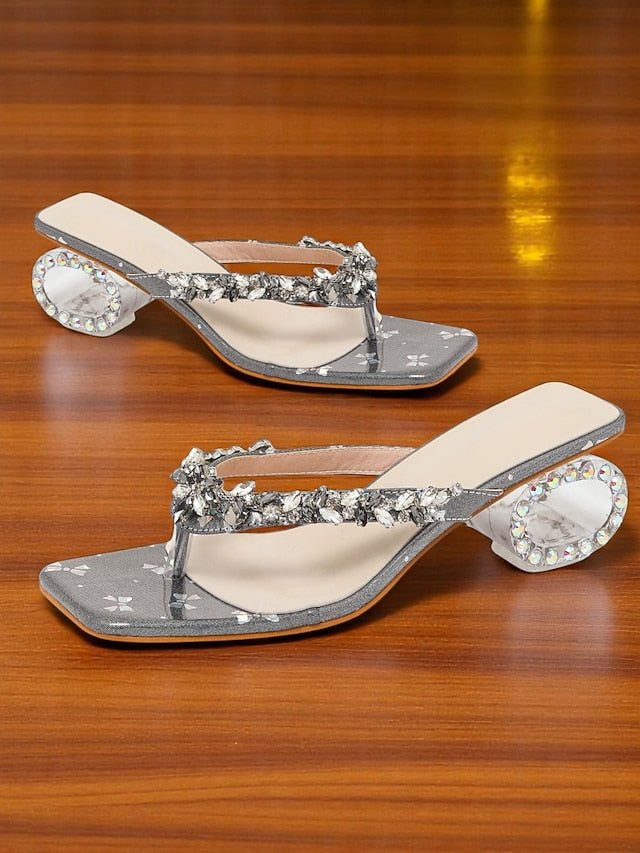 Women's Rhinestone Toe Heels - Sparkly Sandals Silver Open