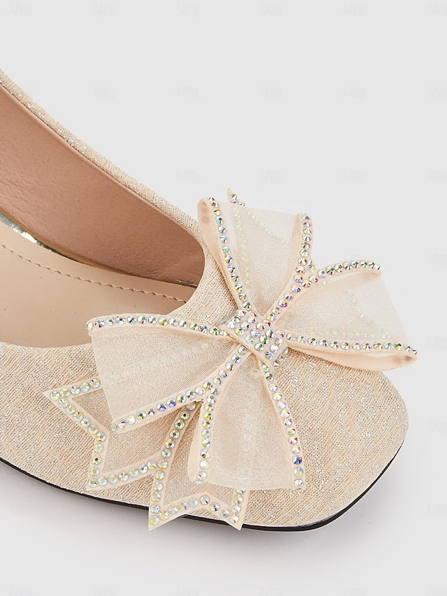 with Heel Pumps Bow - Gold Block Decoration Women's Glitter