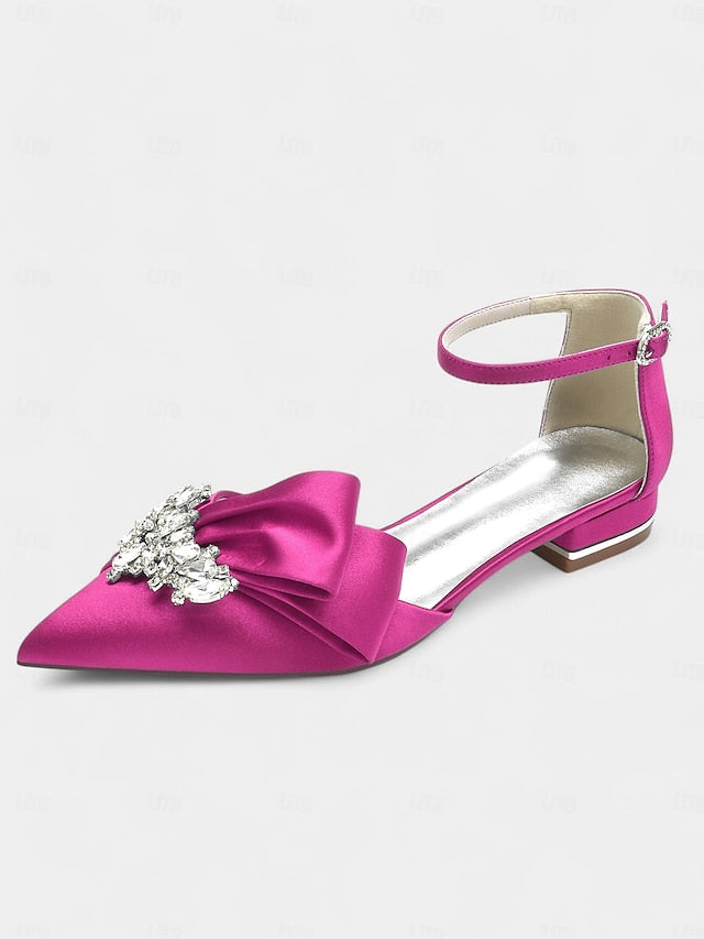 Bow with Pointed-Toe Rhinestone Ankle White Heels Satin and