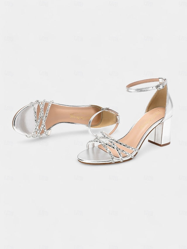 Metallic Rhinestone Block Strappy with Heel Silver Sandals