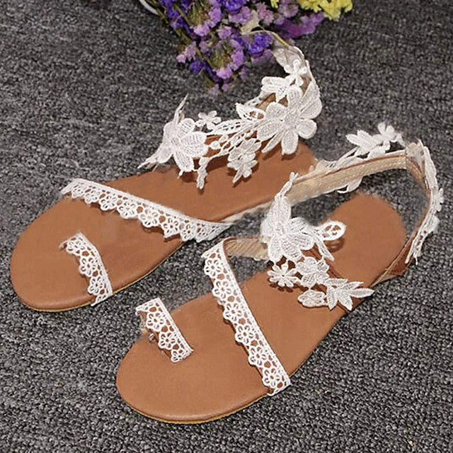Women's Floral Sandals Lace White Flat with Bridal