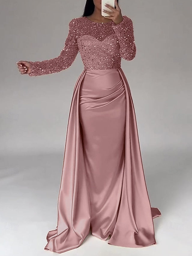 Evening Long Dress Gown Mermaid RuchedSatin Sleeves Sequin