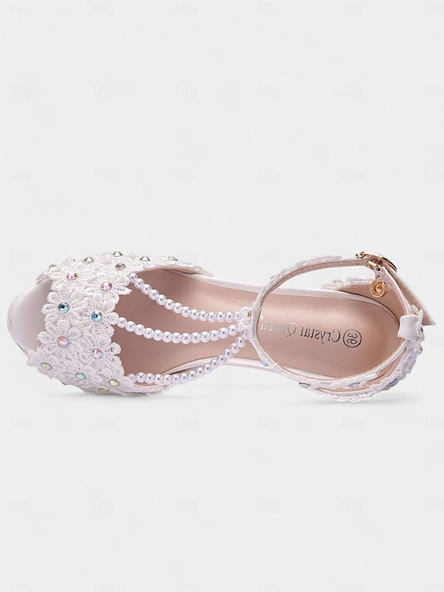 Sandals - Lace Pearl-Decorated Bridal T-Strap White Floral