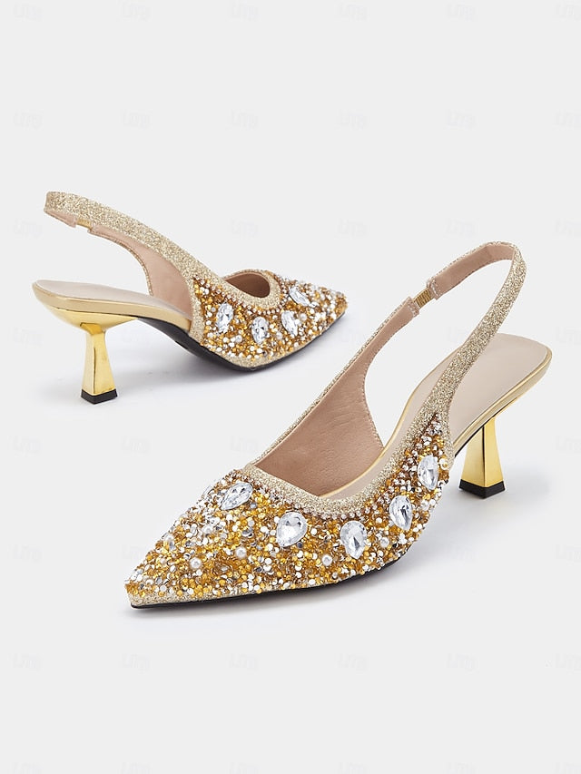 with Slingback Gold Rhinestone Heels Women's Pearl