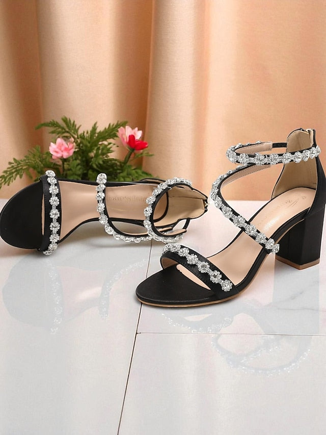 Elegant White Sandals Women's Block Rhinestone Heel - Open