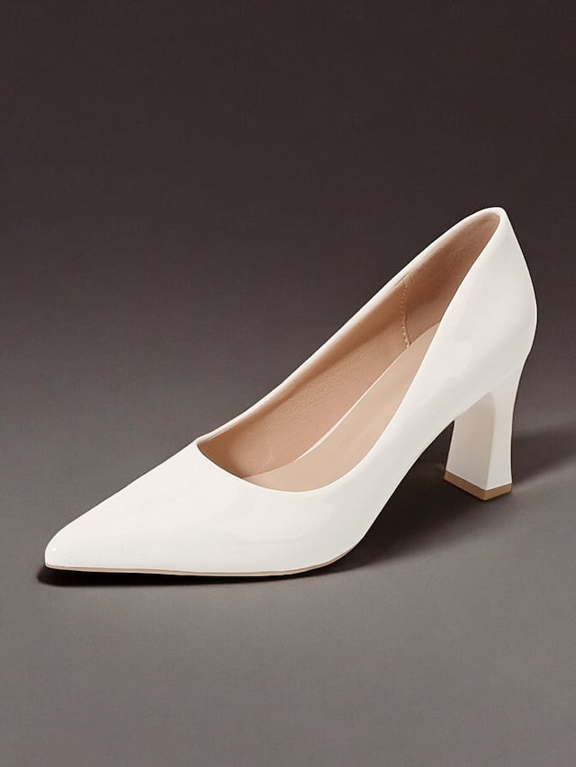 Pumps Patent Faux Pointed-Toe Heel Glossy Leather Green Block