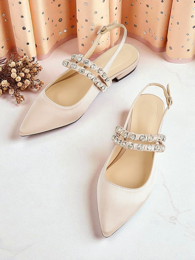 Toe Flats Satin - Women's Rhinestone Slingback Pointed