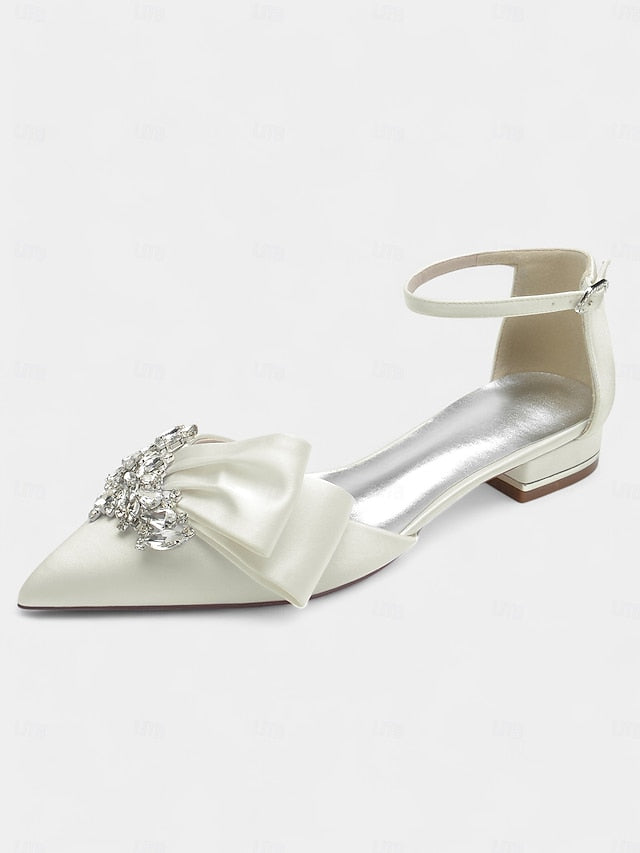Bow with Pointed-Toe Rhinestone Ankle White Heels Satin and