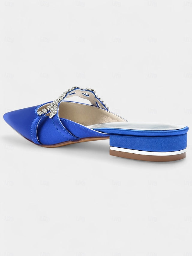 with Pointed-Toe Blue Detailing Mule Rhinestone - Satin Heels