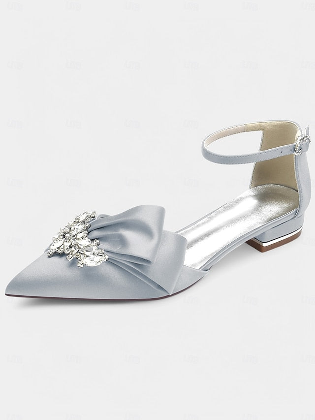 Bow with Pointed-Toe Rhinestone Ankle White Heels Satin and