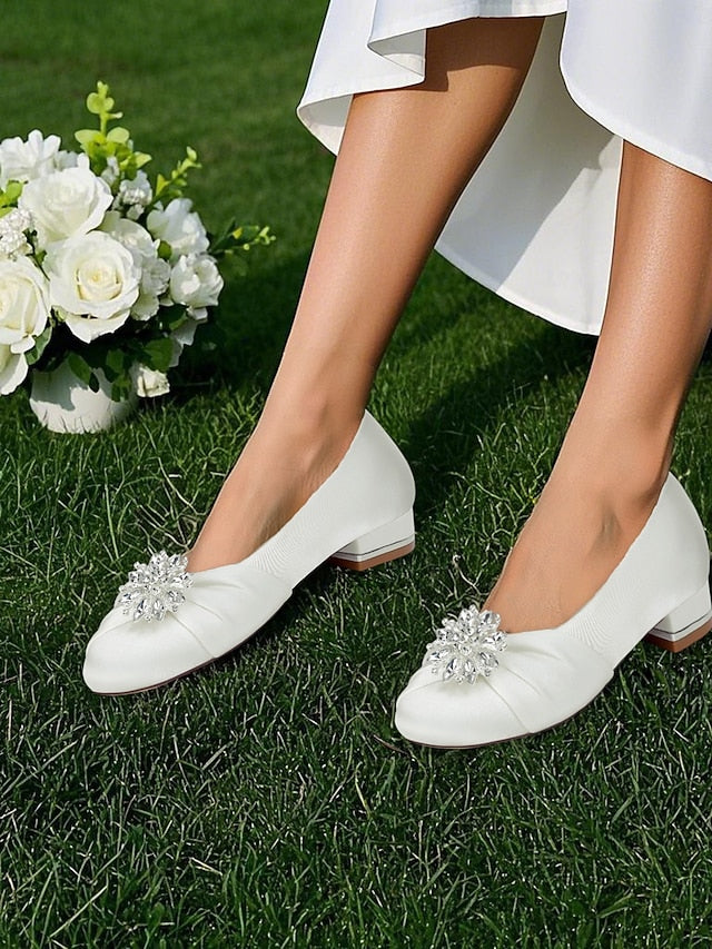 Elegant Crystal Flats White Satin – Wedding Women's