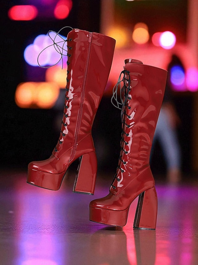 Lace-Up Platform Metallic - Women's Boots High Knee Silver