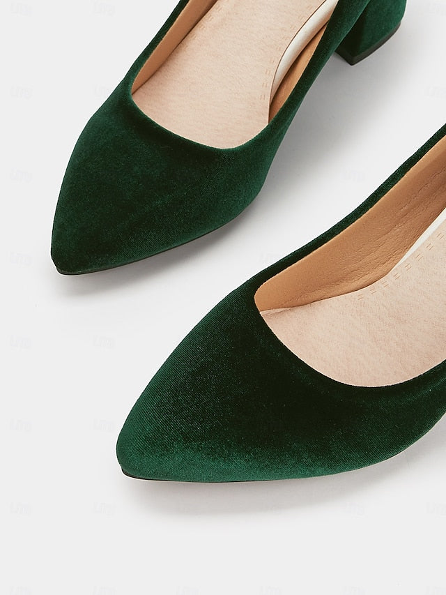 Pumps - Block Heel Elegant Green Women's Pointed Velvet Toe