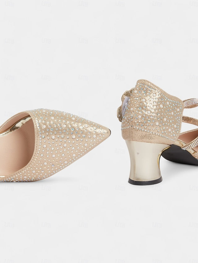 Glitter Ankle Women's Low Rhinestone Strap Heel Pointed Toe