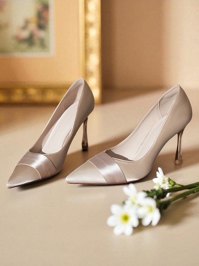 Women's Toe Pumps Dress Pointed Heel Satin - High Champagne