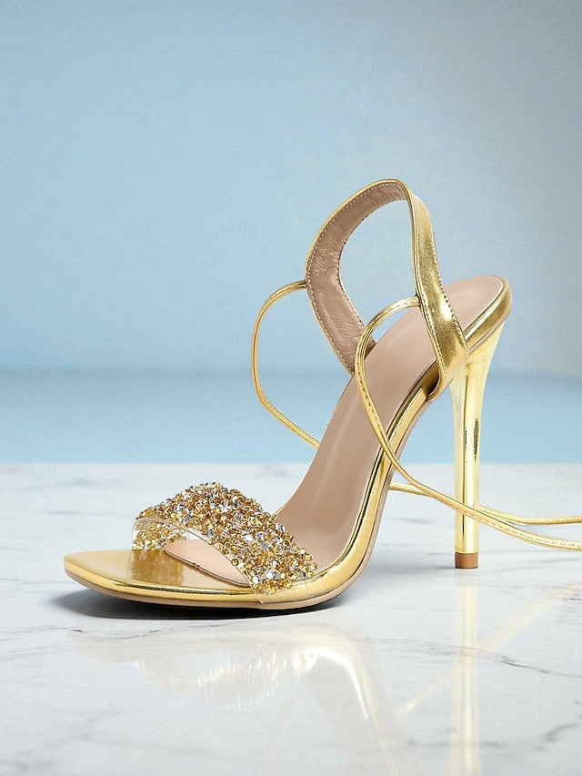 Lace-Up Gold with Rhinestone Straps Stiletto Women's Heels