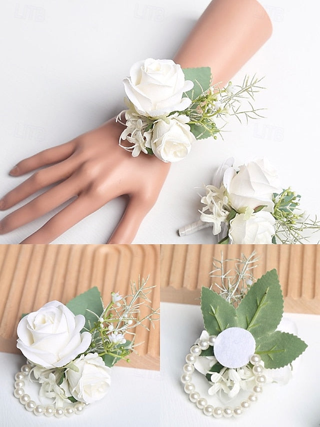 Set Elegant Corsage Wrist Boutonniere Rose – White and