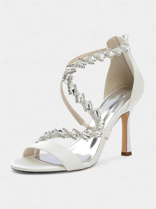 Strappy Rhinestone White Heel Sandals - High Women's