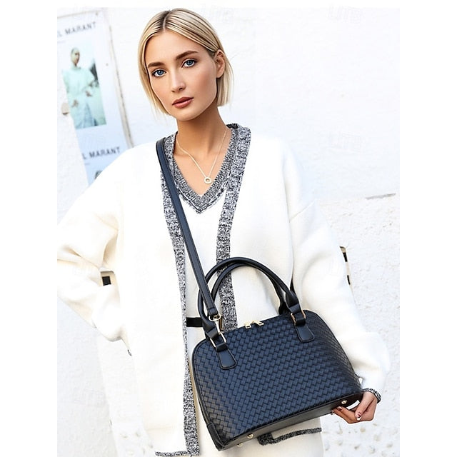 Ensemble de sacs à main en cuir marron tissé pour femme – 3 pièces en similicuir