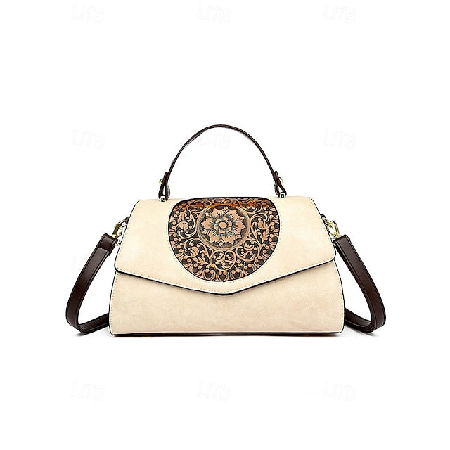 Floral – Faux Vintage Engraved Handbag Leather Women's