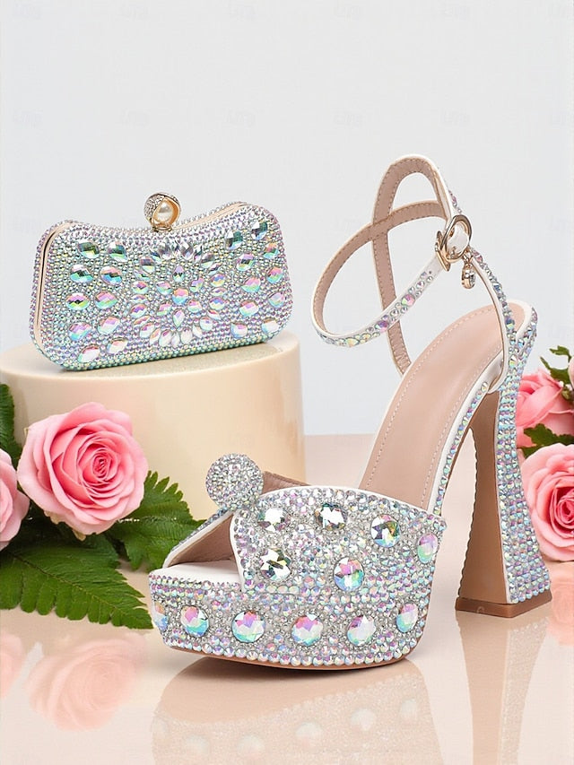Heel Women's High with Rhinestone Platform Matching Sandals