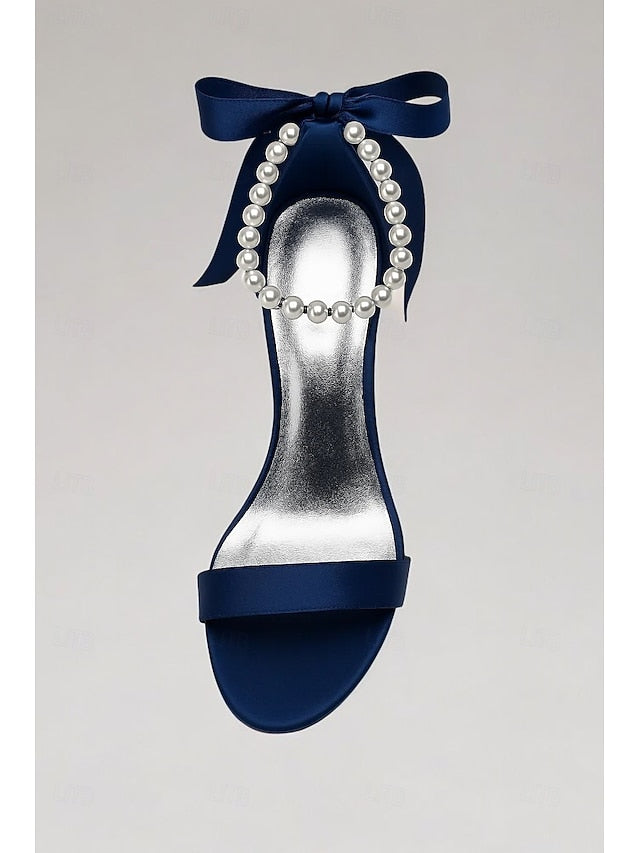 Satin Ankle Strap – Heel Navy Sandals Pearl High Women's