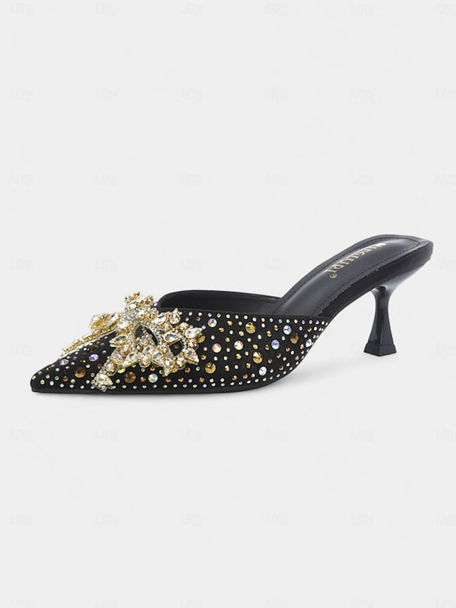 Slip-On Pointed Rhinestone Mules - Glitter Toe Women's