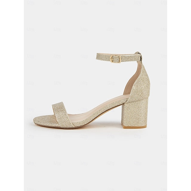 Stylish Ankle Gold Sandals Block with Glitter Heel Women's