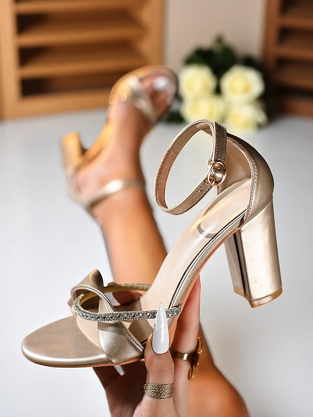 Sandals Ankle Women's Open-Toe Heel PU - Gold Block Strap
