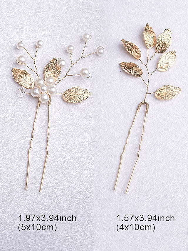 Faux and Gold Leaf Accessory Pearls Bridal Silver Set with Hair