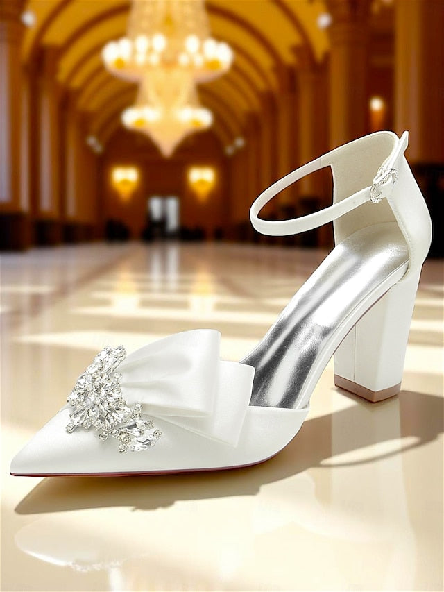 Heel Women's Block Bow Satin Pumps and with Crystal