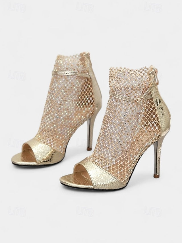 – Gold Mesh Open-Toe Glitter Sandals Women's Stiletto