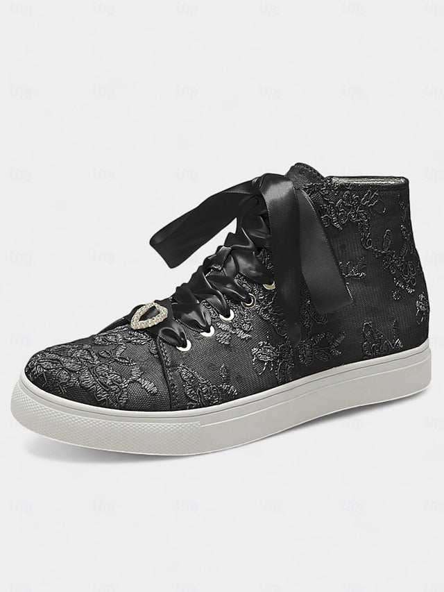 Women's Wedding Sneakers Ribbon Lace Satin with Ivory Laces