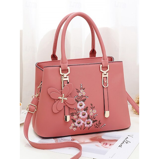 Faux Women's Handbag Embroidery Floral with Leather Green