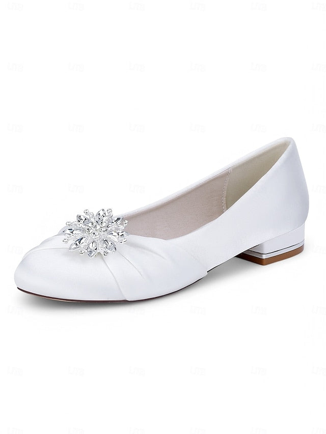 Elegant Crystal Flats White Satin – Wedding Women's