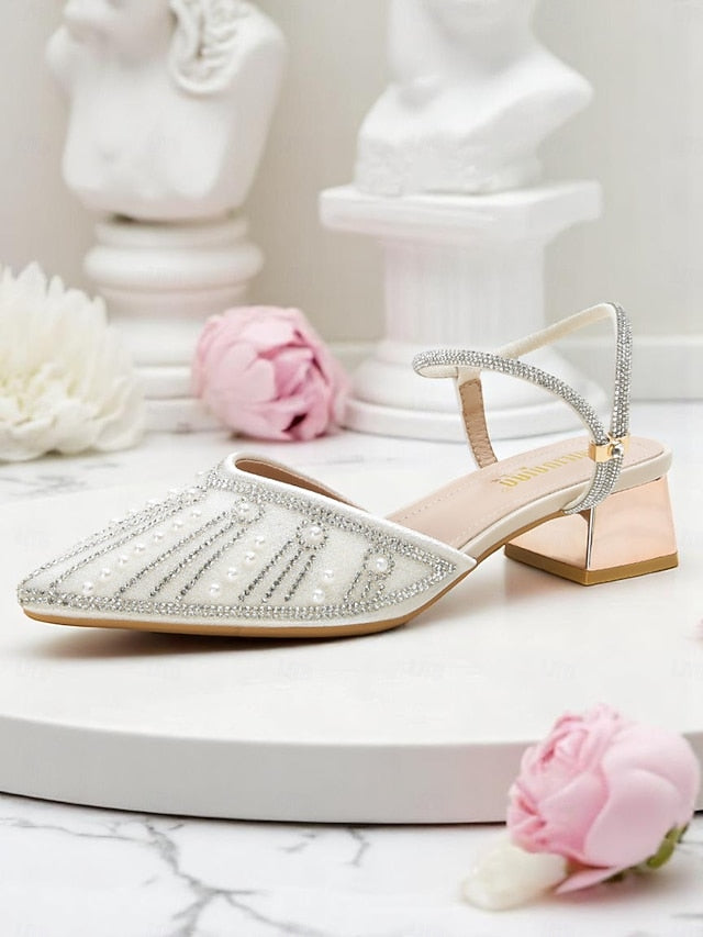 and Pointed Ivory with Toe Pearl Women's Block Heels