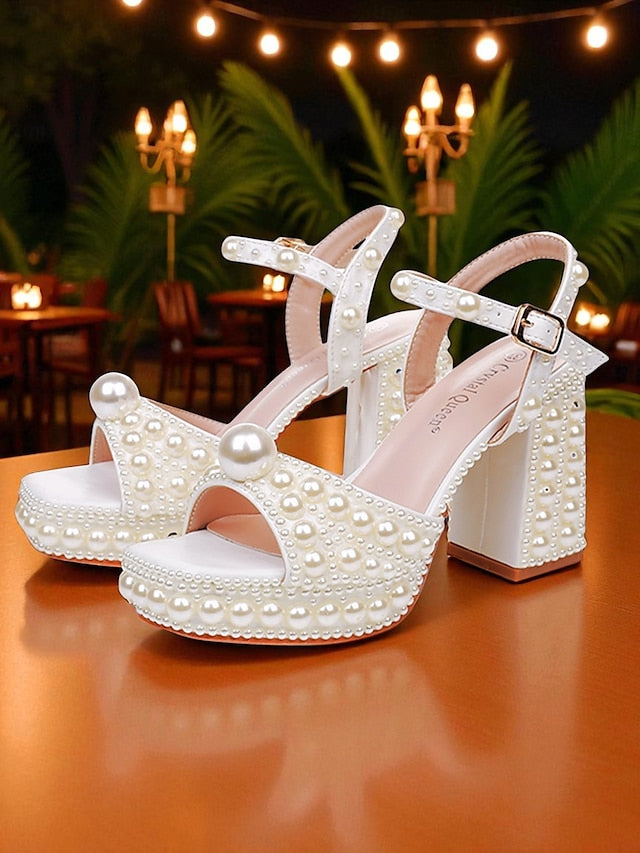 Women's Heel Platform White Embellished Sandals Pearl Block