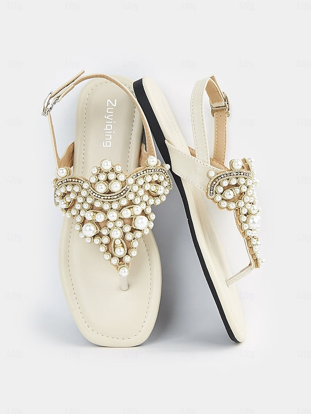 Sandals Pearl-Embellished Women's Elegant – T-Strap Flat