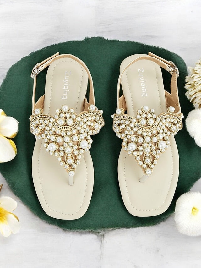 Sandals Pearl-Embellished Women's Elegant – T-Strap Flat